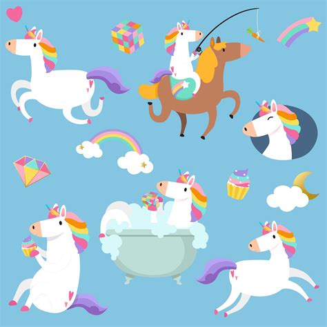Cute Unicorns With Magic Element Stickers Vector Free Stock Vector