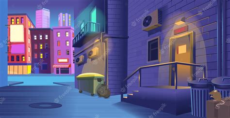 Premium Vector Dark Back Street Alley With A Door To A Bar A Trash