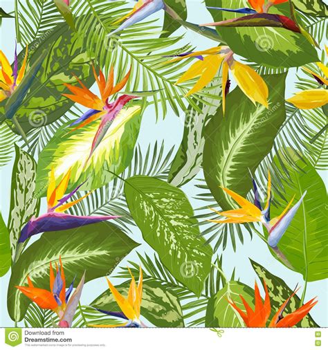 Tropical Leaves And Flowers Background Seamless Pattern