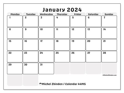 Calendar January 2024 Boxes Ms Michel Zbinden Gb