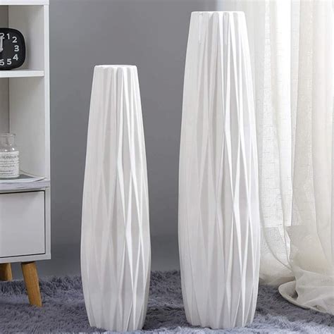 Large White Floor Vase With Geometric Texture Sculptural Decor For Entryway Living Room Bedroom