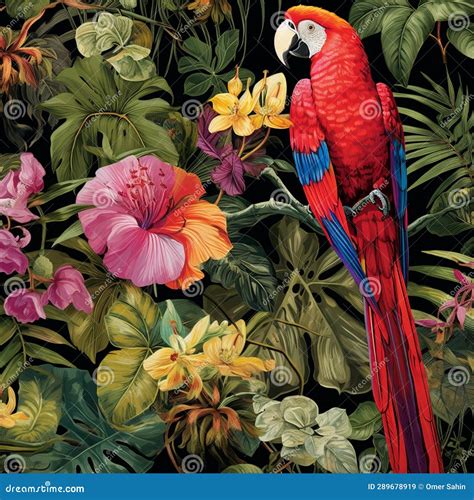 Vibrant Tropical Flora and Fauna Typography Wallpaper Stock Image