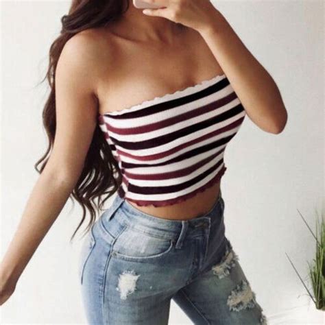 new 2018 women s ladies knit sexy strapless tank tube crop top stripe ribbed tube top in tank