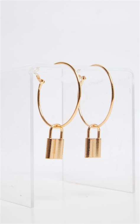 Gold Padlock Charm Medium Hoop Earrings Prettylittlething Usa