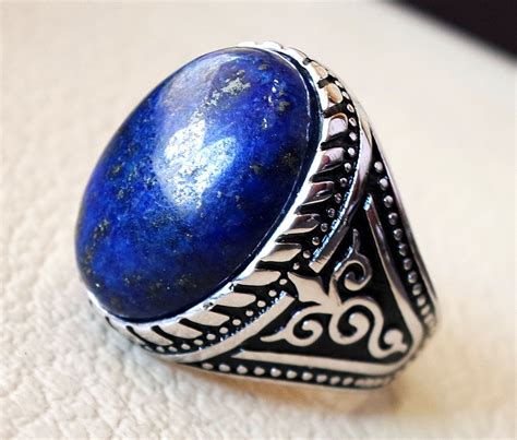Man Ring Lapis Lazuli Oval Cabochon Natural Dark Blue Stone Sterling S