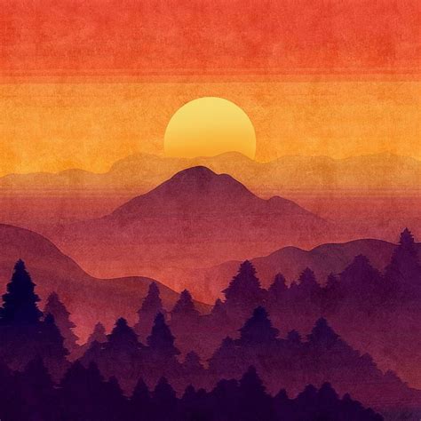 Mountains Painting Sunset In The Misty Mountains By Little Bunny
