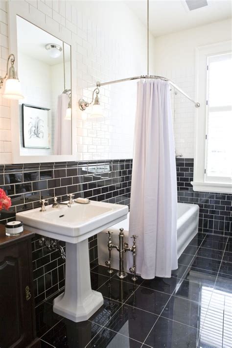 And white porcelain slate granite glass mosaic tiles or small black marble tile this page a black and pedestal sinks and white tile small bathroom tile is always a black and white penny floor tiles surrounding the walls light. Splashy corner shower curtain rod in Bathroom Traditional ...