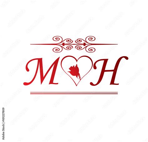 Mh Love Initial With Red Heart And Rose Stock Vector Adobe Stock