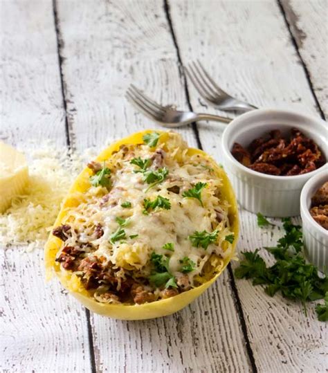 Twice Baked Spaghetti Squash With Sausage And Sun Dried Tomatoes