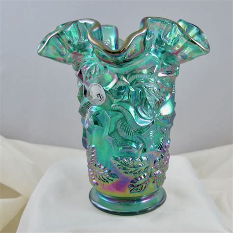 Fenton Spruce Green Wild Rose Art Carnival Glass Crimped Vase Carnival Glass