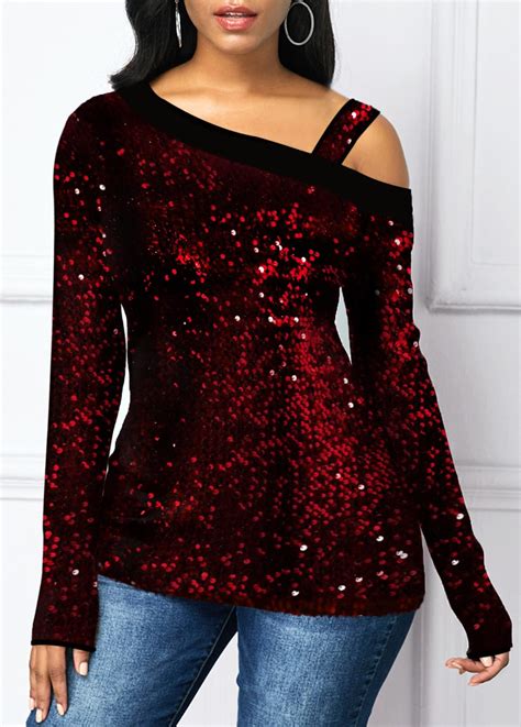 One Cold Shoulder Sequin Embellished Long Sleeve T Shirt Trendy Tops For Women Long Sleeve