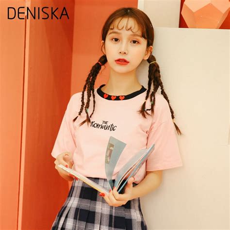 Deniska Korean Letter Embroidery T Shirt Women Streetwear Short Sleeve O Neck Cotton Tees Female