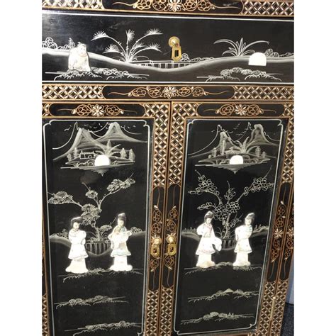 Vintage Chinese Asian Black Lacquer Storage Cabinet W Mother Of Pearl