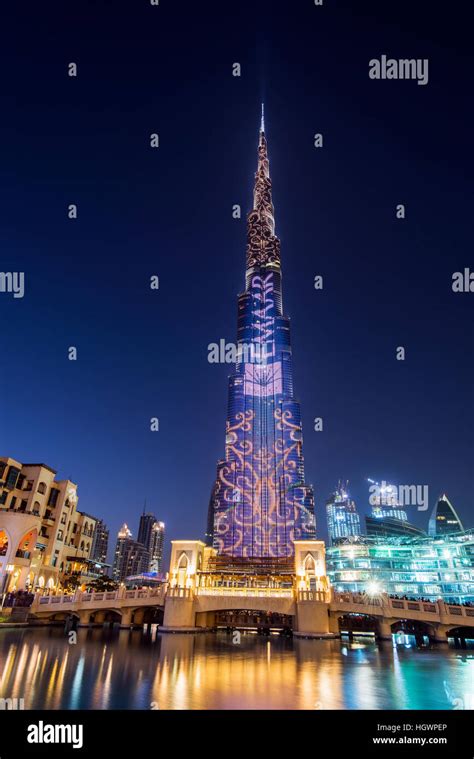 Night View Of Led Light Show On Burj Khalifa Dubai United Arab