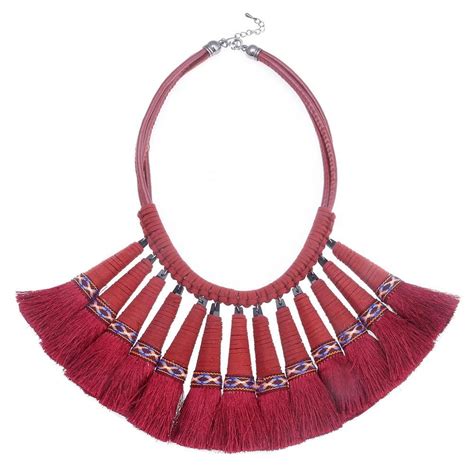 Vintage Chunky Red Yarn Tassel Statement Necklace For Women Tassel
