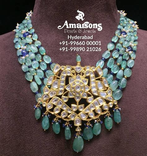 Emerald Beads Necklace With Polki Pendant Indian Jewellery Designs