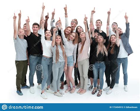 Large Group Of Young People Pointing Up Stock Photo Image Of