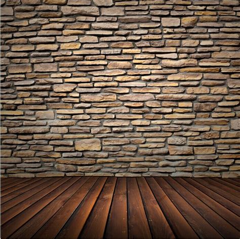 8x15ft Vintage Light Color Stone Wall Dark Brown Wooden