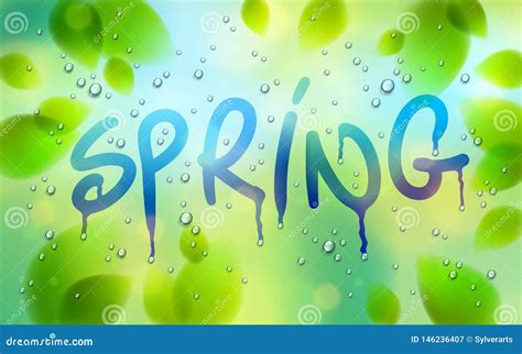 Spring Word Drawn On A Window Fresh Green Leaves And Water Rain Drops