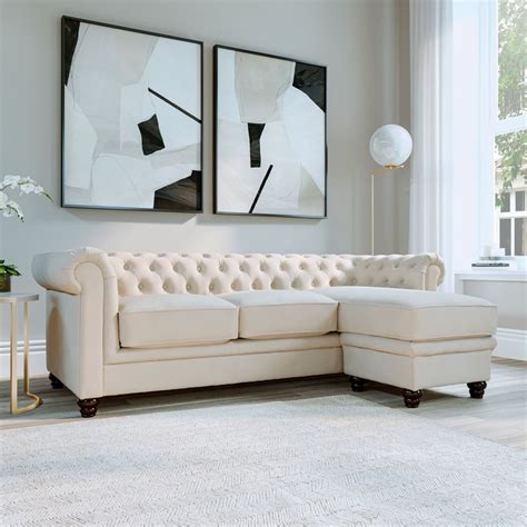 Hampton Chesterfield L Shape Corner Sofa Ivory Classic Plush Fabric