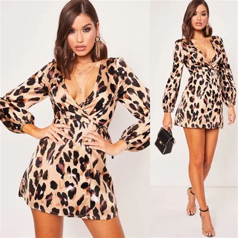 Fashion Leopard Print Dress Women Long Sleeve V Neck Night Party Club Mini Dress Sexy Leopard