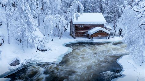 Cabin On Winter River Hd Wallpaper Background Image 2000x1125 Id