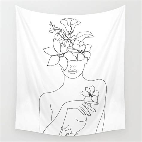 Minimal Line Art Woman With Flowers Iv Tapestry Tapestry Line Art