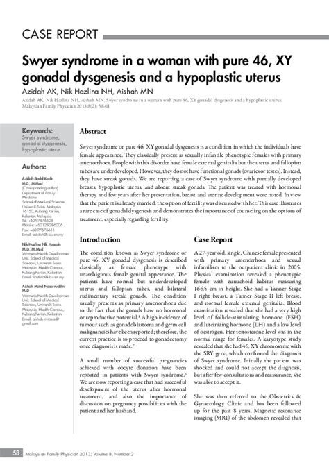 pdf swyer syndrome in a woman with pure 46 xy gonadal dysgenesis and a hypoplastic uterus