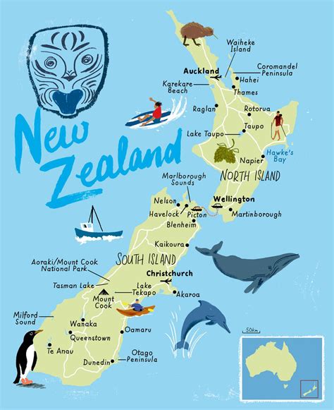 A Map Of New Zealand With Animals And People On It