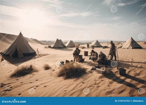 Nomadic Tribe Setting Up Camp In Desert Landscape Stock Photo Image