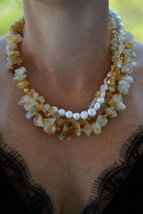 Raw Citrine Crystal Necklace Chunky Statement Beaded Necklace Etsy