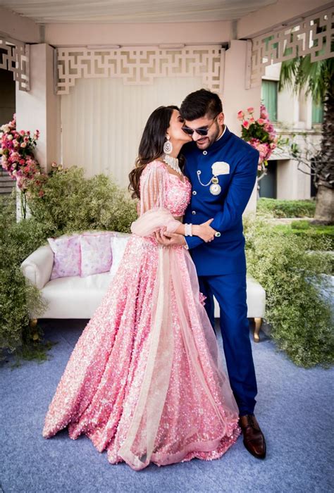 Engagement Couple Portrait With Pink Lehenga Engagement Dress For