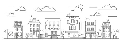 Landscape In Line Art Style Outline Street With Houses Building Tree