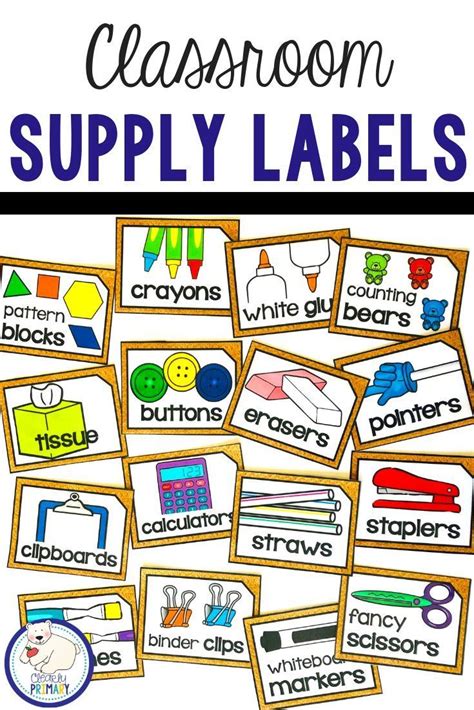 Classroom Supply Labels With The Words And Pictures On Them