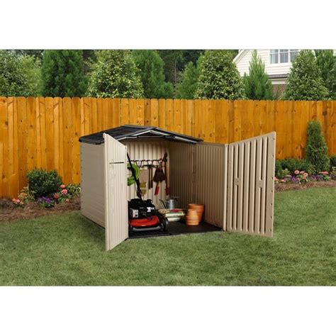 Rubbermaid 6 X 5 Ft Storage Shed With Slide Lid Sandstone And Onyx