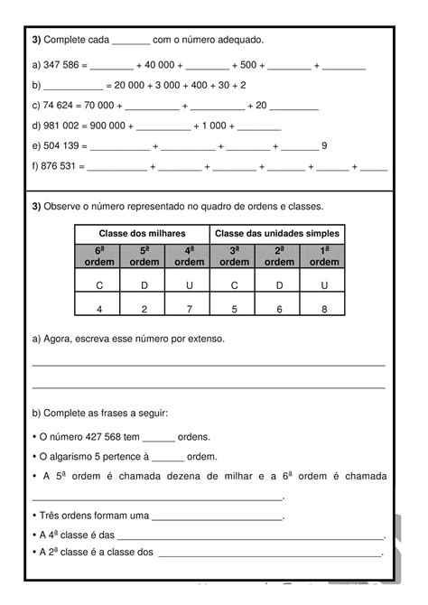 Atividades Sobre Ordens E Classe Dos Números 4 Ano Respostas