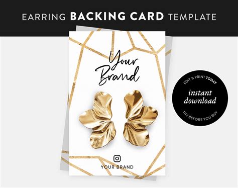 Earring Backing Card Template Gold Geometric Printable Etsy Card Template Diy Jewelry