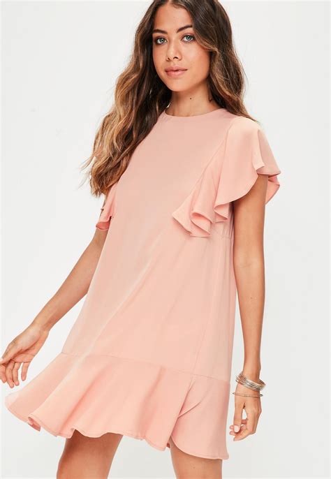 Pink Frill Shoulder Drop Waist Dress Missguided In 2020 Clothes For