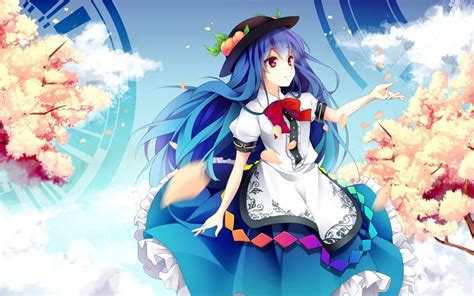 Anime Girl Flower Sky Blue Hair Dress Tree Petals