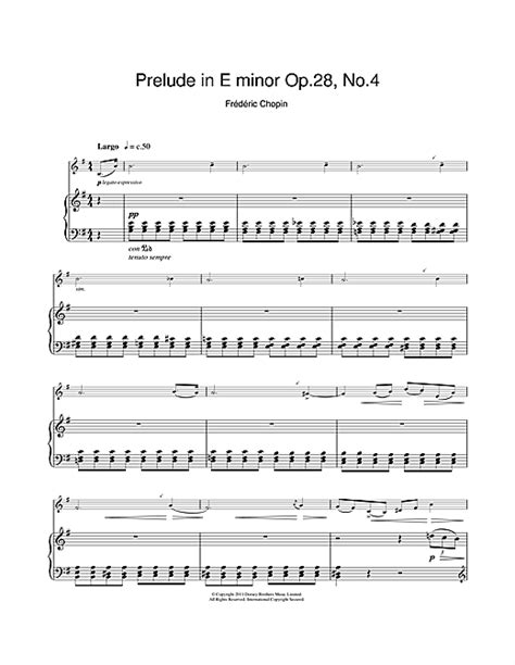 The melody starts with the dominant b and works its way to the tonic e, but halfway through the piece the descending line is interrupted and the melody starts over. Prelude in E Minor, Op.28, No.4 sheet music by Frederic ...