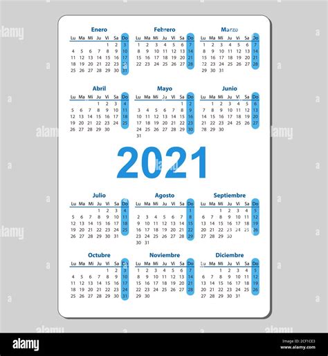 Calendario De 2021 Años Bolsillo Vertical Color Español La Semana