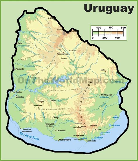 Its territory, with an area of more than 176,000 km2, is the second smallest of the subcontinent behind suriname and borders to the north and northeast with the state of rio grande do sul (brazil) and to the west. Uruguay physical map
