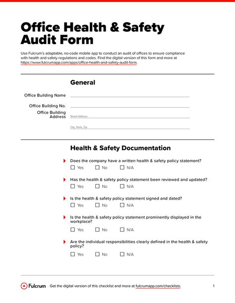 Office Health And Safety Audit Checklist Fulcrum Effective