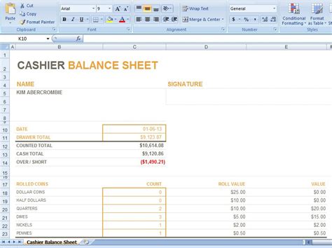 Sample Ms Excel Cashier Balance Sheet Template Formal Word Templates