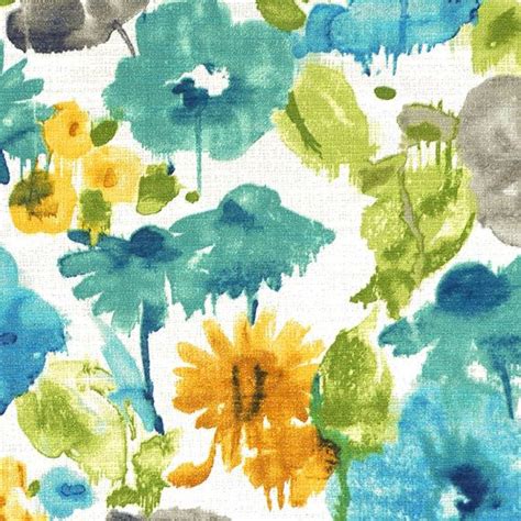 Grey Turquoise Watercolor Upholstery Fabric Teal Gold Floral Fabric
