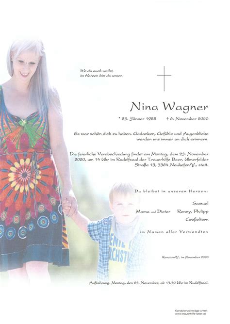 Im alter von 50 jahren verlor er seinen kampf gegen. Nina Wagner - Trauerhilfe Beer