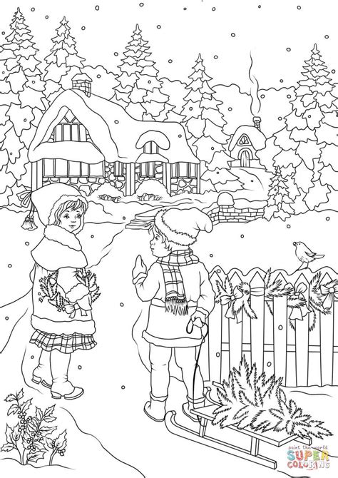 A Boy and a Girl are Pulling the Sled coloring page | Free Printable