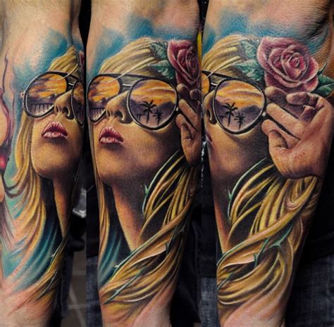 Portrait Style Colored Forearm Tattoo Of Woman With Glasses And Flower Tattooimages