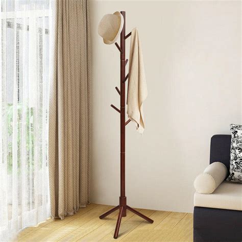 Walnut Wooden Coat Rack Stand Hall Tree Entryway Organizer 2 Heights