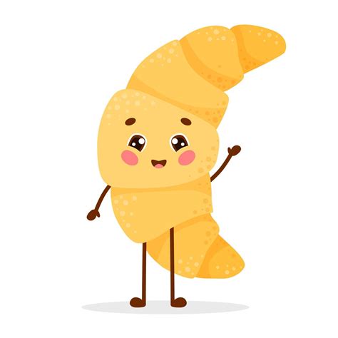 Cute cartoon character croissant standing happy and waving. Vector